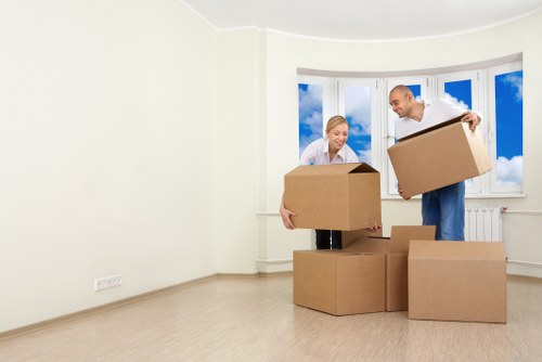 Organized storage units with labelled boxes and furniture